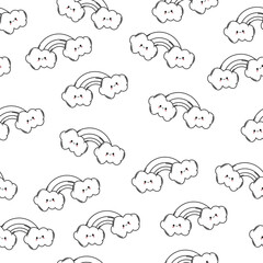 Seamless Vector Illustration of Cute Black and White Clouds and Rainbows on White Background