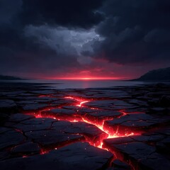 Erupting lava flow volcanic landscape digital artwork dramatic sky low angle view nature's fury