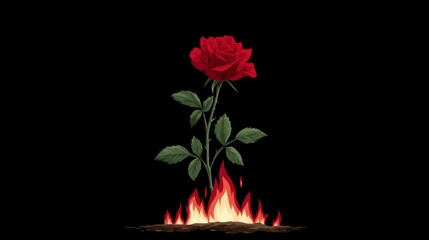 Burning passion a red rose amidst flames digital artwork dark background conceptual emotional impact