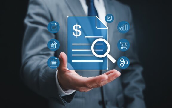 A document with various data analysis icons hovering around it.