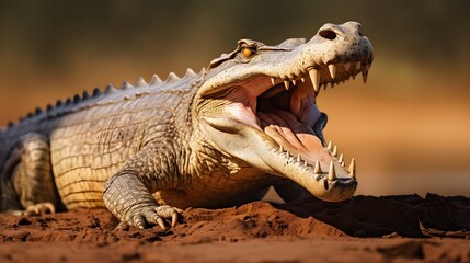 Fototapeta premium Nile crocodile with mouth open rivers edge wildlife photography warm background close-up view nature's majesty