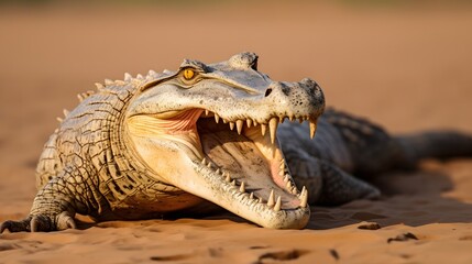 Obraz premium Nile crocodile with mouth open under warm sun on sandy terrain natural habitat background wildlife photography