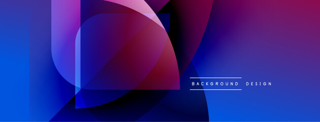 Abstract shapes overlap, creating vibrant blue, purple gradients. Modern design elements suggest digital art, smooth transitions.