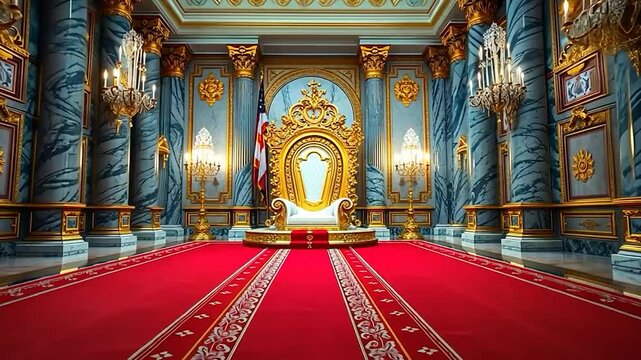 Opulent throne room with american flag evoking ceremonial grandeur