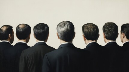 Seven men in suits stand in a row, viewed from behind, against a plain background.