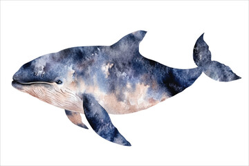 Whale watercolor vector illustration, underwater ocean animal art isolated on white background