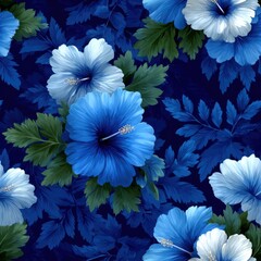 Vibrant blue hibiscus flowers tropical garden digital illustration lush environment aesthetic viewpoint botanical concept