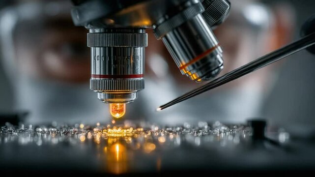 Close up of microscope analyzing microchip components for technological advancements
