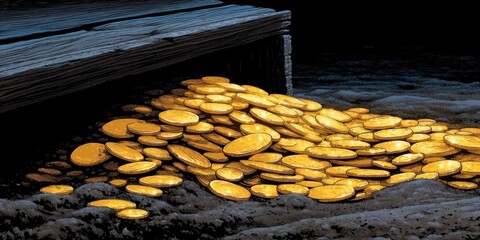 Treasure discovery event at abandoned dock coin stash dark environment close-up view wealth concept