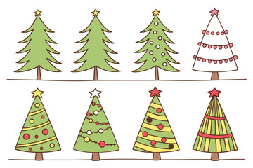 Collection of Hand Drawn Christmas Trees with Decorations and Star Toppers