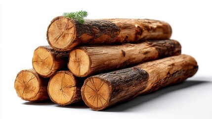 Stacked wooden logs with green pine sprig indoor minimalist setup nature-inspired still life close-up view
