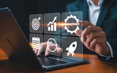 Person interacting with a laptop displaying productivity icons.