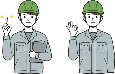 Smiling construction workers in safety helmets making OK and idea gestures, holding clipboard, cartoon illustration for engineering, inspection, safety training, teamwork, flat vector illustration