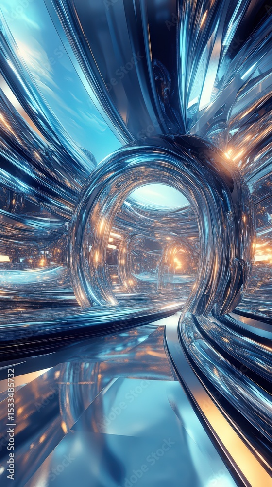 Poster surreal chromed gateway with glowing elements within a modern structure