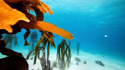 Underwater kelp forest landscape with marine algae and ocean floor ecosystem, clear blue water background, vibrant natural seascape. - Powered by Adobe