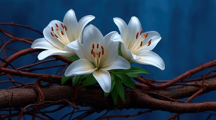 Elegant white lilies on branch nature setting floral composition close-up view serenity concept