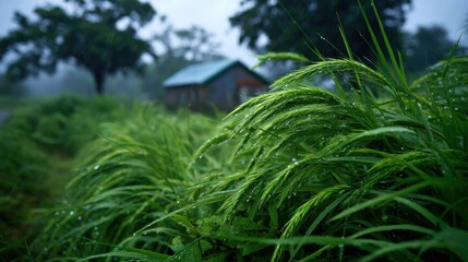 Rainy day nature scene lush green grass rural area close-up view serenity and calmness