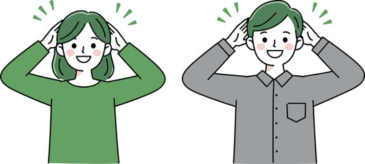  Smiling woman and man demonstrating happy, positive, and fun gestures with hands on their heads, cheerful and friendly attitude, expressing joy and enthusiasm in a playful, vector illustration