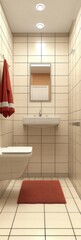 Small, bright bathroom with beige tile, white fixtures, a red rug, and a red towel