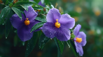 Vibrant purple hibiscus flowers in rain nature setting close-up photography lush green environment floral concept