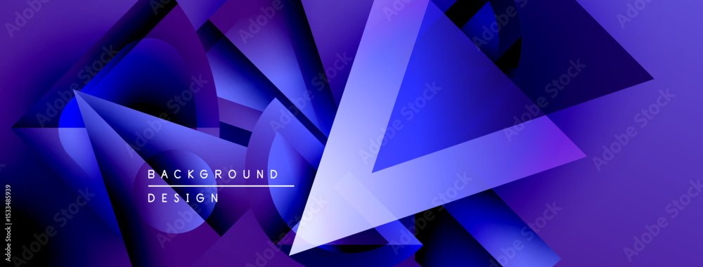 Poster abstract geometric shapes overlap, creating dynamic purple, blue gradients. modern design elements s