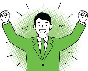 Successful business man in green suit raising hands, celebrating victory, achievement, positive, determined expression with halftone background and birds, concept of success,flat vector illustration
