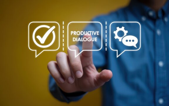 A hand interacts with a virtual interface displaying options for productive dialogue.