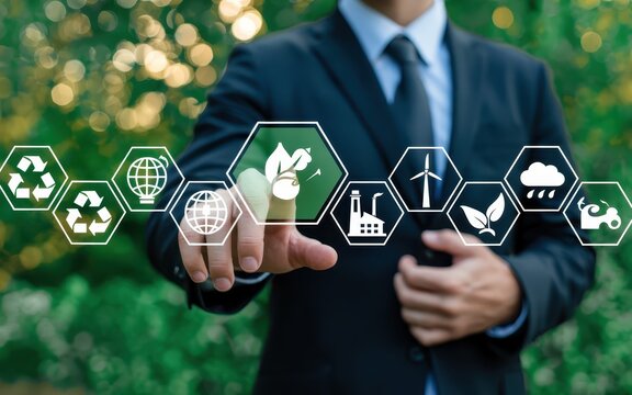 Environmental sustainability concepts displayed on a digital interface.