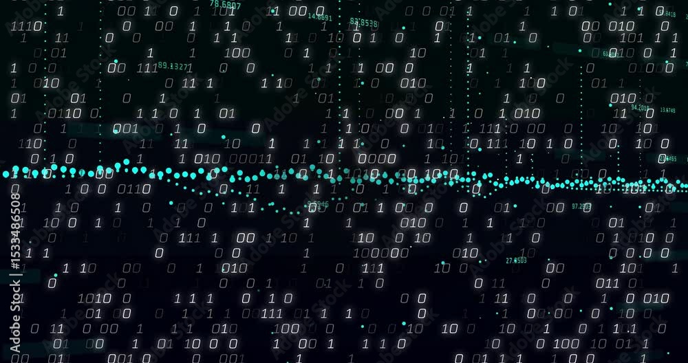 Poster when thin teal dot line appearing, waveform oscillating and data streams rising, showing code flow