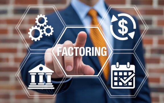 A person touches a virtual interface displaying the word factoring and related business icons. - Powered by Adobe