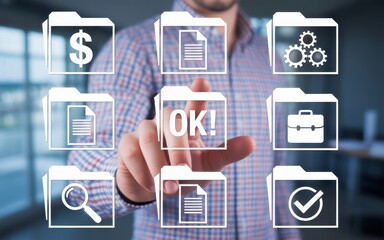 A person interacts with a digital interface displaying file folders with various icons.