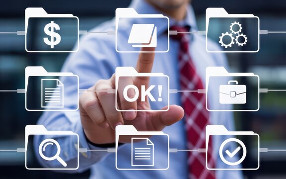 A person interacts with a digital interface displaying various application icons.