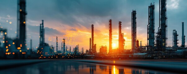 Naklejka premium Oil price forecast and refinery from fossil market concept. Industrial skyline at sunset with towering smokestacks and clouds.