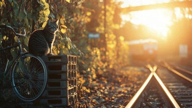 Cat sitting on a box beside the railway track 