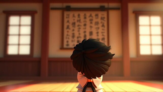 Young martial arts boy in uniform practicing calm pose  
