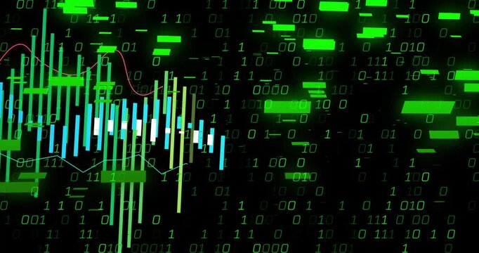 Binary digits initiating candlestick bars growing while line graphs flowing to visualize data flow