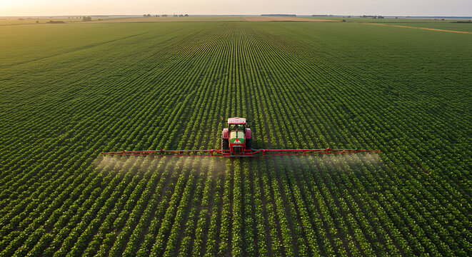 Modern tractor spraying pesticide on green soybean field at sunset, agricultural machinery working in rows of crops, sustainable farming technology, farmland landscape with blue sky and clouds, precis