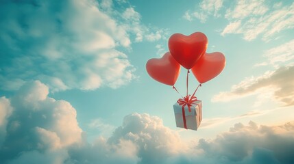 Fototapeta premium A Box flying on a parachute with pink cloud in valentine day,package flying down from sky and cloud with parachute, concept for delivery service,shopping online,air delivery service.