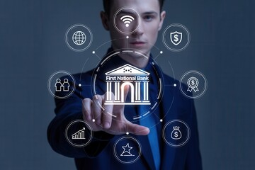 A man interacts with a digital bank interface.