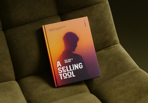 Hardcover Book Mockup &ndash; Lying on Olive Green Suede Armchair with Cozy Indoor Lighting and Soft Fabric Texture