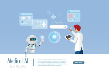Doctor searching and analyzing medical data with help from AI robot technology. Artificial intelligence innovation technology for medical solution in diagnosis, care and treatment.