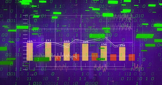 Upon loading purple grid, bar chart expanding data labels appearing, fluctuating line binary glitch