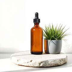 Obraz premium Amber glass dropper bottle with plant isolated on white background