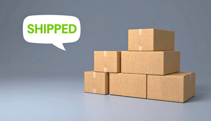 Obraz premium Brown cardboard shipping boxes stacked on a wooden pallet against a white background, perfect for moving, delivery, or warehouse storage