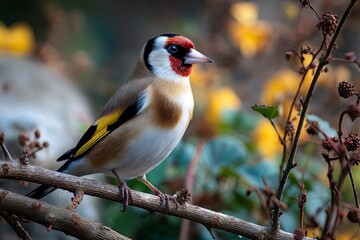 A closeup of a beautiful Goldfinch on a branch in a forest during sunrise