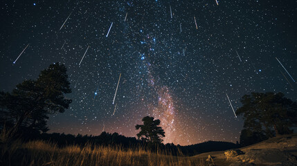 During this cosmic event meteor shower showcases breathtaking beauty of sparkling stars meteor trails and profound connection between earth and spacev