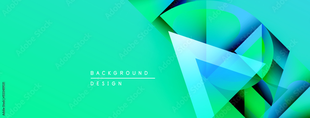 Poster Abstract geometric shapes overlap vibrant turquoise, green gradients. Modern design elements create dynamic visual texture. Text reads background design.