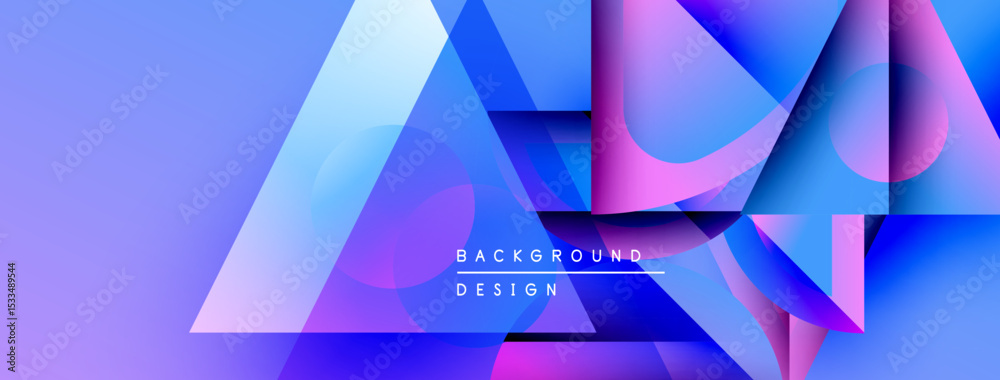 Poster abstract geometric shapes overlap, creating vibrant blue, purple gradients. modern design elements s