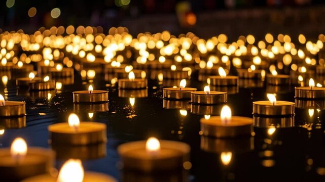 Many illuminated candles floating in dark water creating a warm glow and bokeh effect.