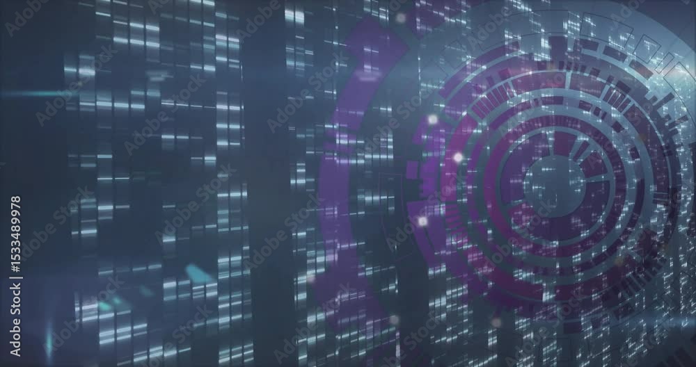 Poster beginning fading purple hud rotating clockwise with data blocks descending visualizing data flow